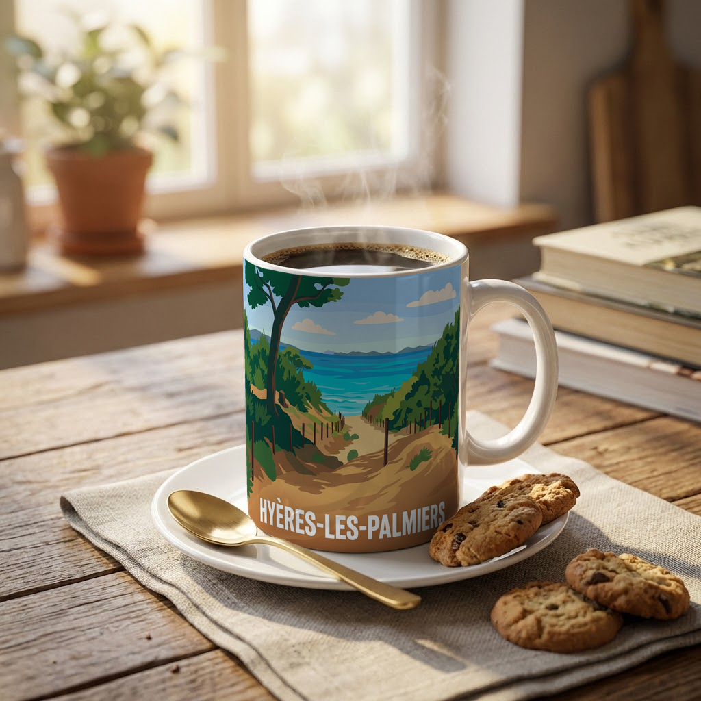 Mug souvenir de la ville de Hyères-les-Palmiers avec une illustration stylisée de bord de mer.