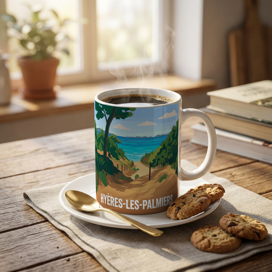 Mug souvenir de la ville de Hyères-les-Palmiers avec une illustration stylisée de bord de mer.
