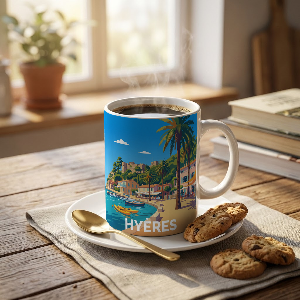 Mug souvenir de la ville de Hyères avec une illustration stylisée.