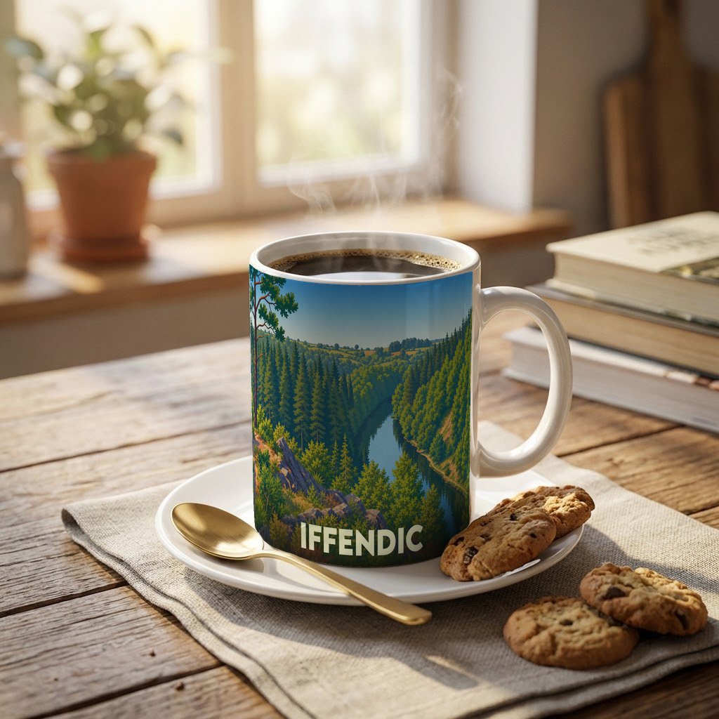 Mug souvenir de la ville d'Iffendic orné d'une illustration stylisée de paysages boisés et d'une rivière.