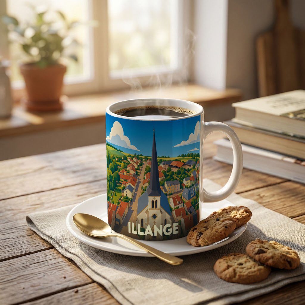 Mug souvenir de la ville d'Illange avec une illustration stylisée montrant l'église et les toits du village.