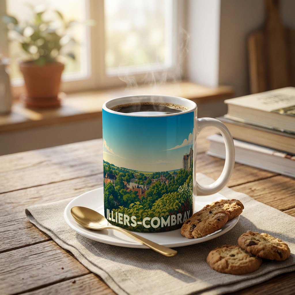 Mug souvenir de la ville de Illiers-Combray orné d'une illustration panoramique et colorée.