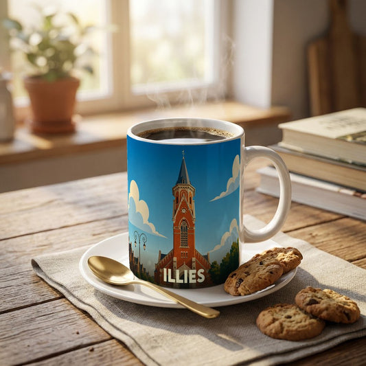 Mug souvenir de la ville d'Illies avec une illustration stylisée de son église.