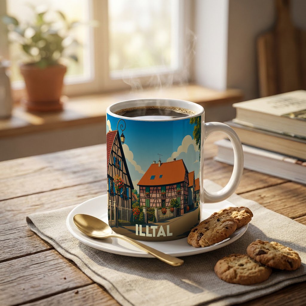 Mug souvenir de la ville de Illtal avec une illustration stylisée de maisons à colombages.