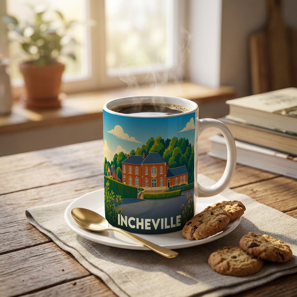 Mug souvenir de la ville d'Incheville orné d'une illustration stylisée de sa mairie.