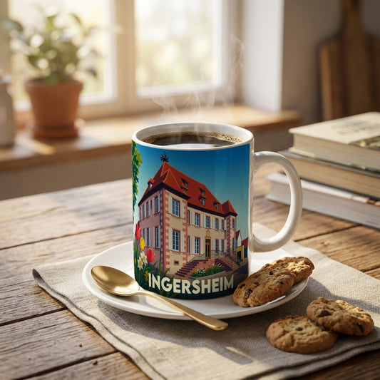 Mug souvenir de la ville d'Ingersheim orné d'une illustration stylisée de son architecture traditionnelle.