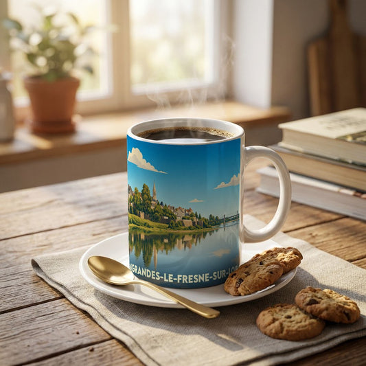 Mug souvenir de la ville d'Ingrandes-le-Fresne-sur-Loire orné d'une illustration stylisée de ses bords de Loire.