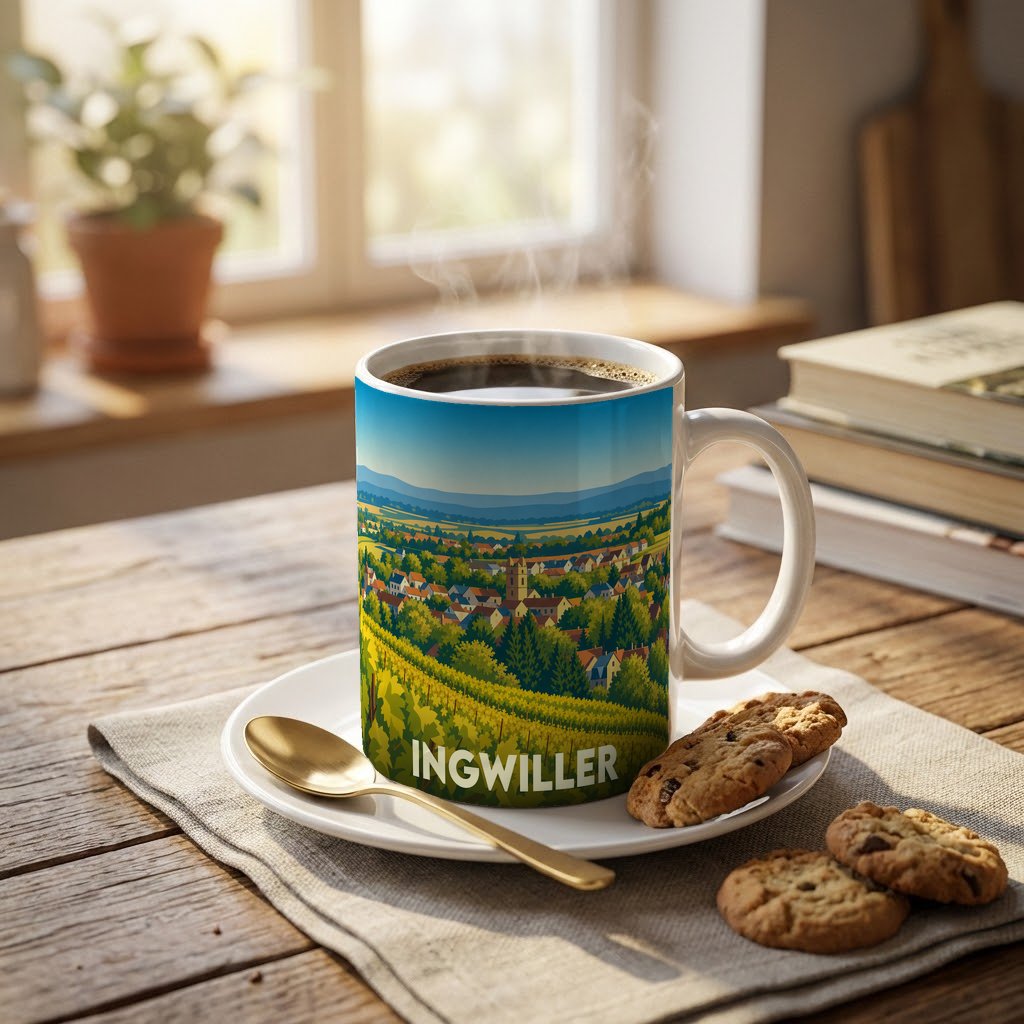 Mug souvenir de la ville d'Ingwiller avec une illustration stylisée de ses paysages et vignobles.