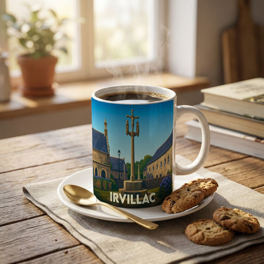 Mug souvenir de la ville d'Irvillac avec une illustration stylisée d'un calvaire breton.