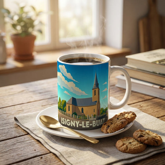 Mug souvenir de la ville d'Isigny-le-Buat illustré d'une église sous un ciel bleu.