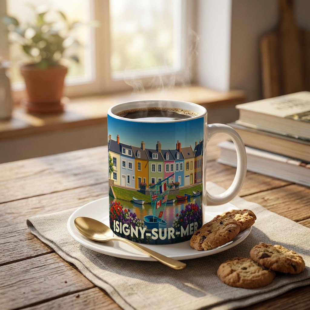 Mug souvenir d'Isigny-sur-Mer orné d'une illustration colorée du port et de ses maisons typiques.