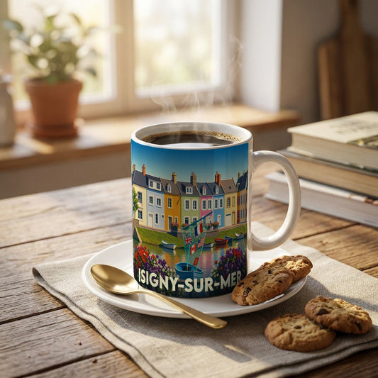 Mug souvenir d'Isigny-sur-Mer orné d'une illustration colorée du port et de ses maisons typiques.