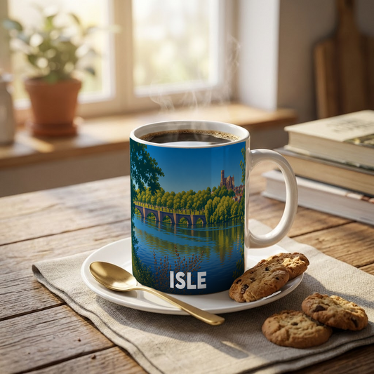 Mug souvenir de la ville de Isle avec une illustration stylisée d'un pont et d'une église au bord de l'eau.