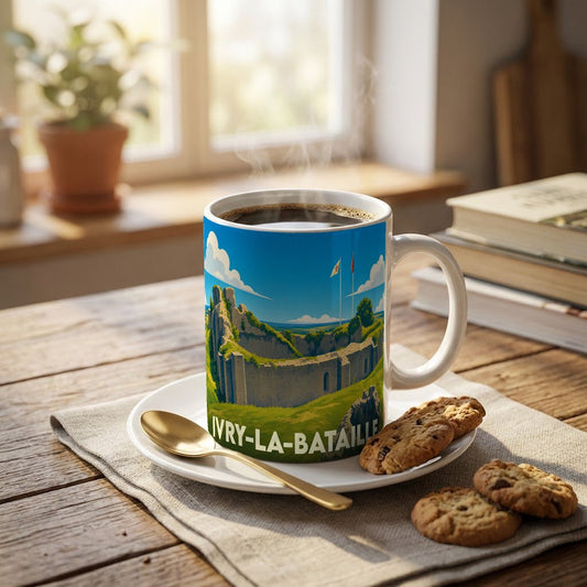 Mug souvenir d'Ivry-la-Bataille orné d'une illustration stylisée de son château médiéval.