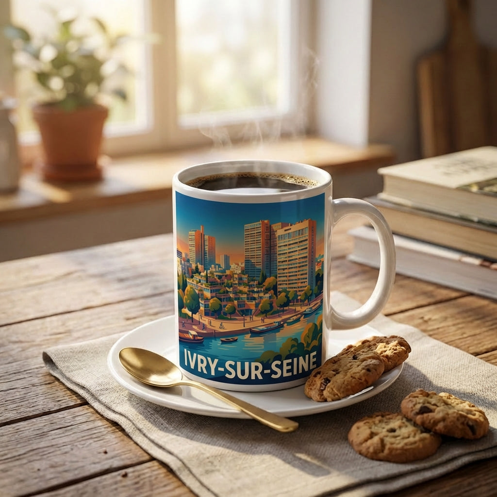 Mug souvenir de la ville de Ivry-sur-Seine avec une illustration stylisée.