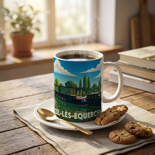 Mug souvenir de la ville de Izel-lès-Équerchin orné d'une illustration stylisée de péniches sur l'eau.