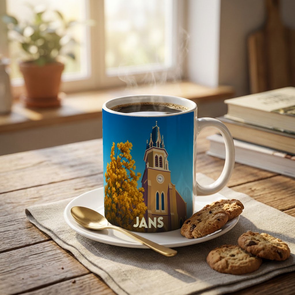 Mug souvenir de la ville de Jans orné d'une illustration stylisée de son église et d'un arbre automnal.