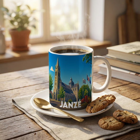 Mug souvenir de la ville de Janzé illustré par une scène stylisée de son église sous un ciel bleu.
