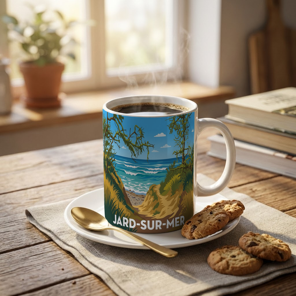 Mug souvenir de la ville de Jard-sur-Mer avec une illustration stylisée.