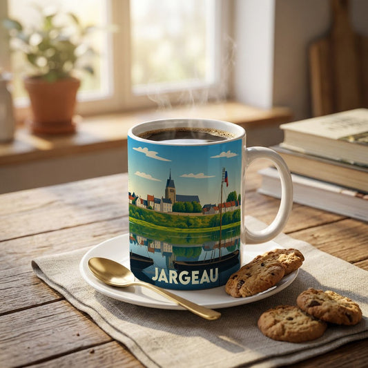 Mug souvenir de la ville de Jargeau illustré par une vue stylisée des bords de Loire.