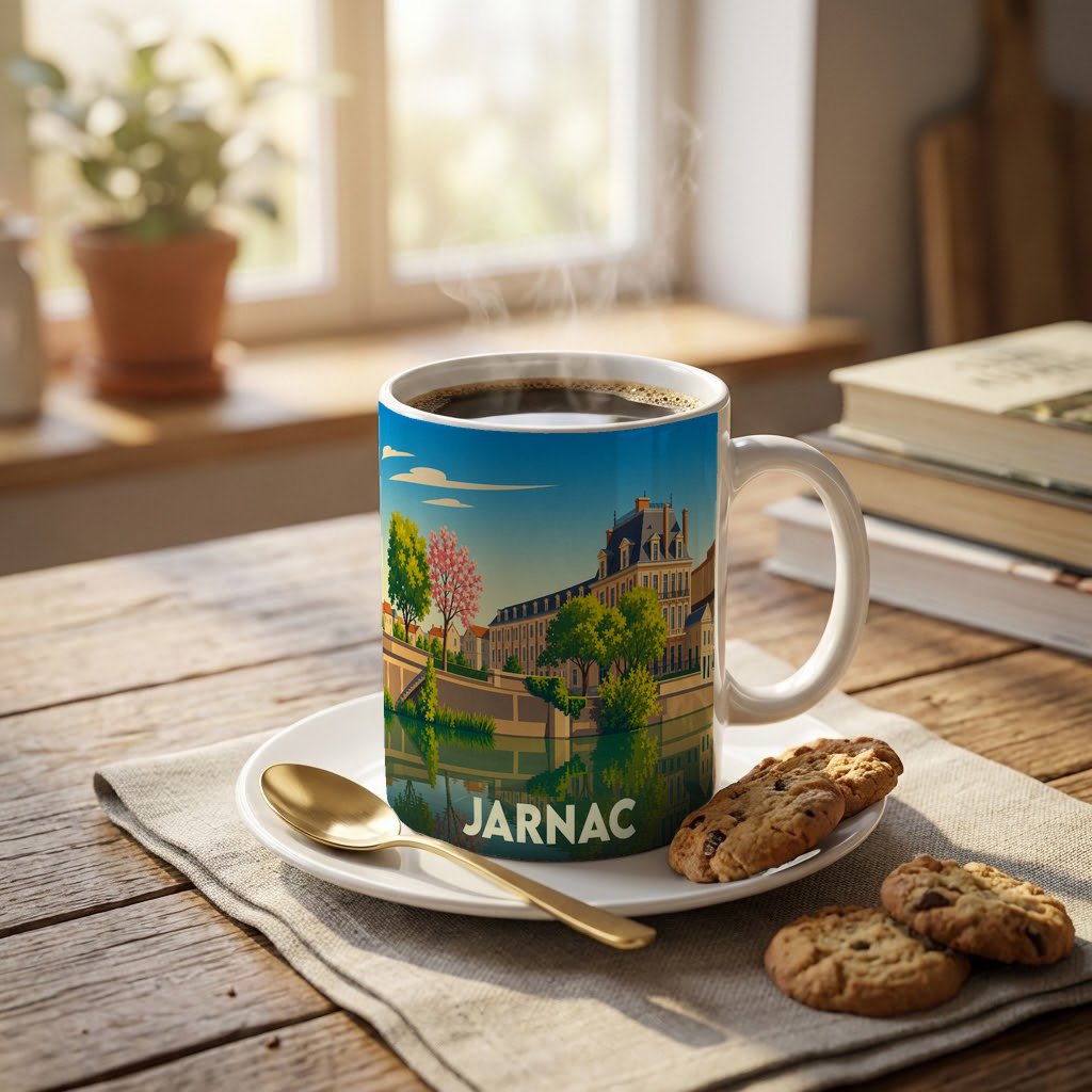 Mug souvenir de la ville de Jarnac orné d'une illustration stylisée de ses quais et bâtiments historiques.