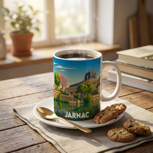Mug souvenir de la ville de Jarnac orné d'une illustration stylisée de ses quais et bâtiments historiques.