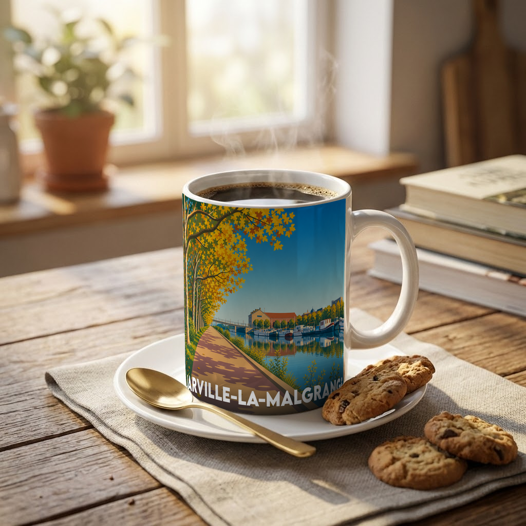 Mug souvenir de la ville de Jarville-la-Malgrange avec une illustration stylisée d'un canal en automne.