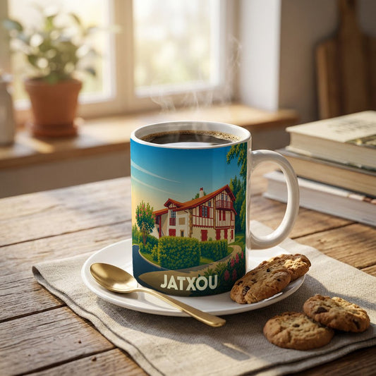 Mug souvenir de la ville de Jatxou illustré d'une maison basque traditionnelle.
