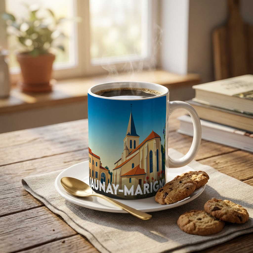 Mug souvenir de la ville de Jaunay-Marigny avec une illustration stylisée de son église.