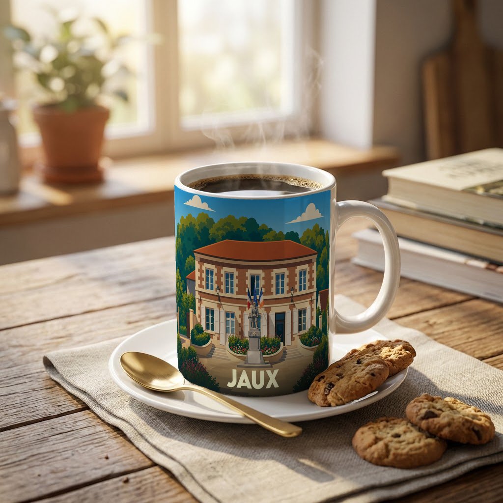 Mug souvenir de la ville de Jaux avec une illustration stylisée de son hôtel de ville.