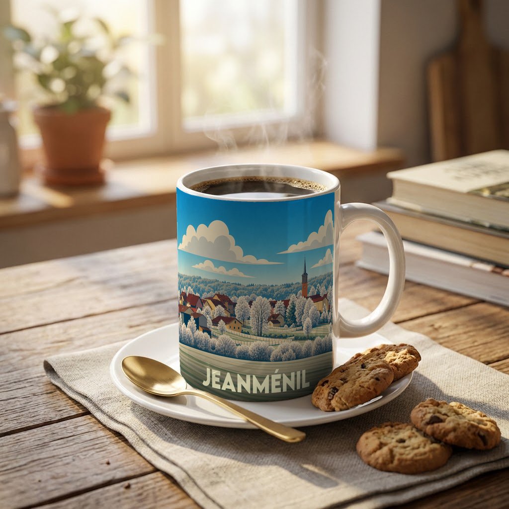 Mug souvenir de la ville de Jeanménil avec une illustration stylisée d'un paysage hivernal.