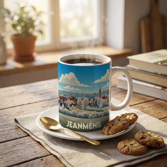 Mug souvenir de la ville de Jeanménil avec une illustration stylisée d'un paysage hivernal.