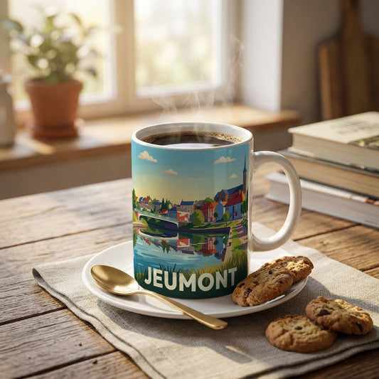 Mug souvenir de la ville de Jeumont avec une illustration stylisée de son paysage urbain au bord de l'eau.