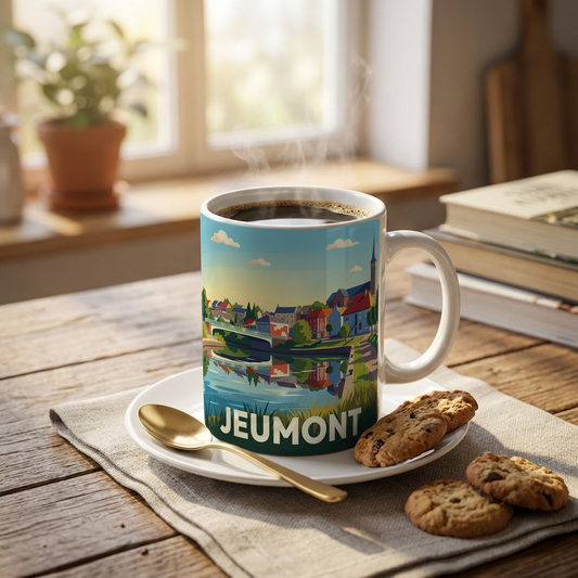 Mug souvenir de la ville de Jeumont avec une illustration stylisée de son paysage urbain au bord de l'eau.