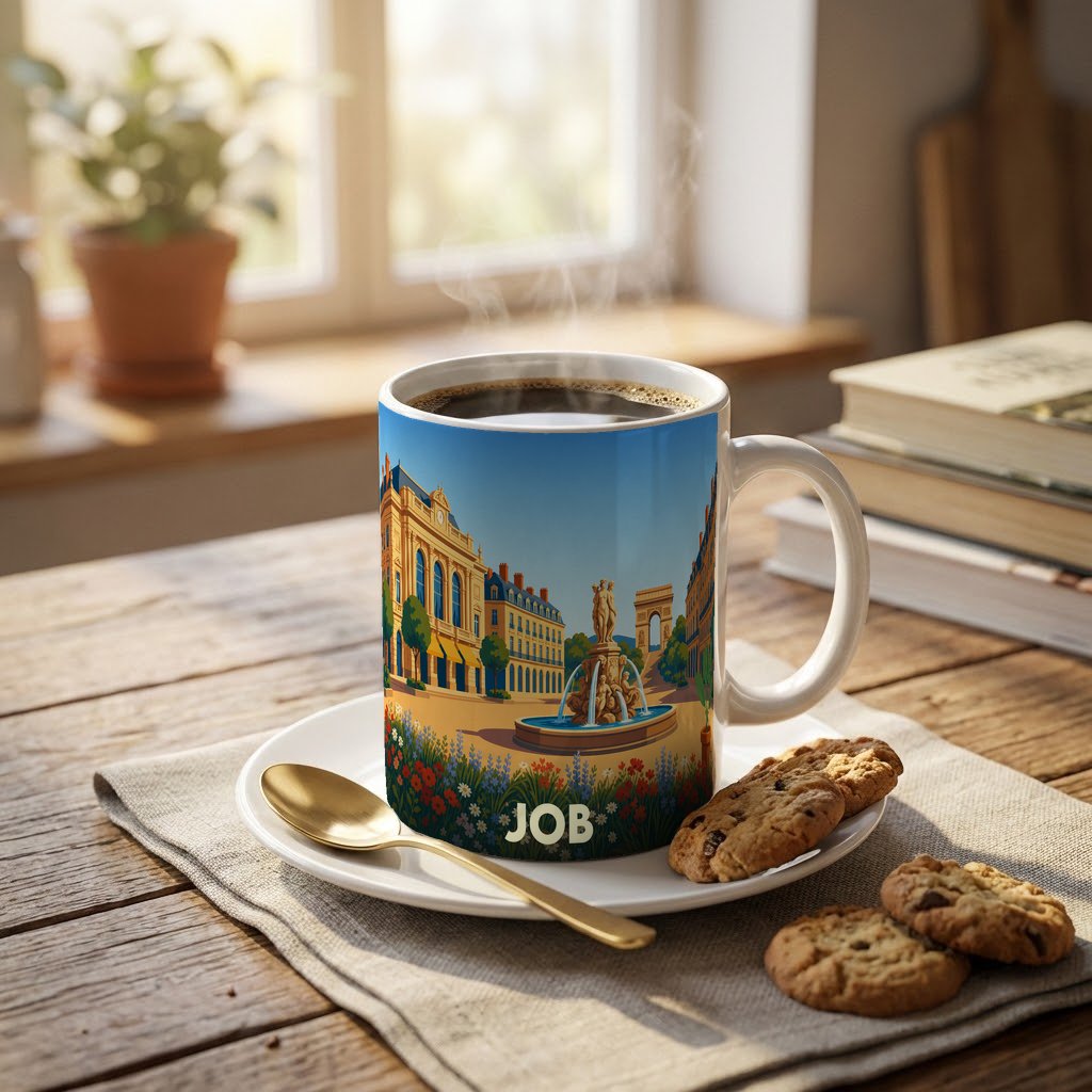 Mug souvenir de la ville de Job avec une illustration stylisée d'une place ensoleillée.