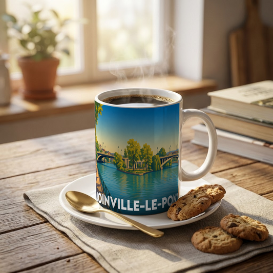 Mug souvenir de la ville de Joinville-le-Pont avec une illustration stylisée.