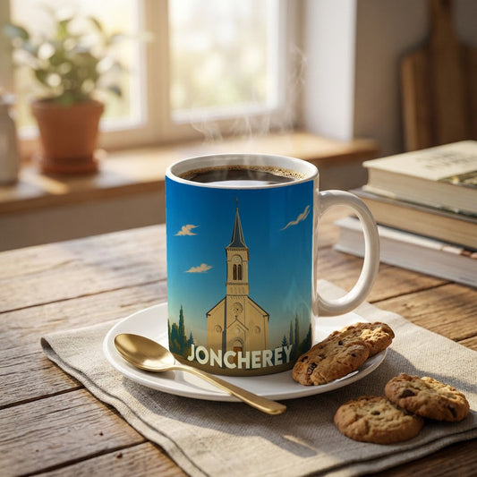 Mug souvenir de la ville de Joncherey orné d'une illustration stylisée de son église.