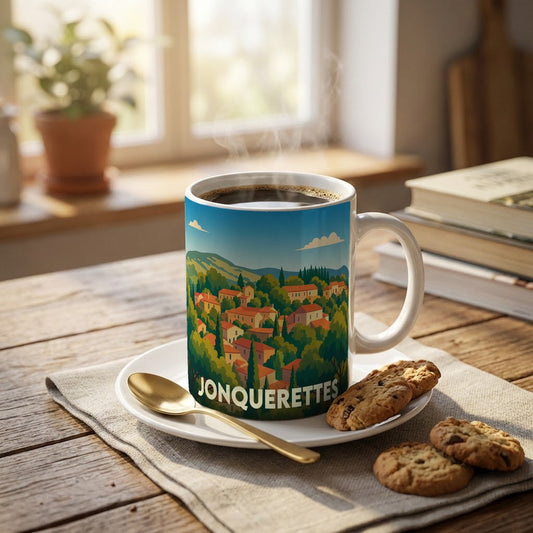 Mug souvenir de la ville de Jonquerettes avec une illustration stylisée d'un village provençal.
