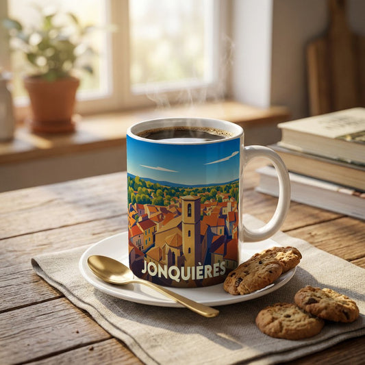 Mug souvenir de la ville de Jonquières avec une illustration stylisée de ses toits et de son clocher.