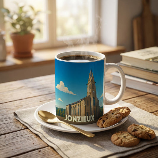 Mug souvenir de la ville de Jonzieux avec une illustration stylisée de son église.