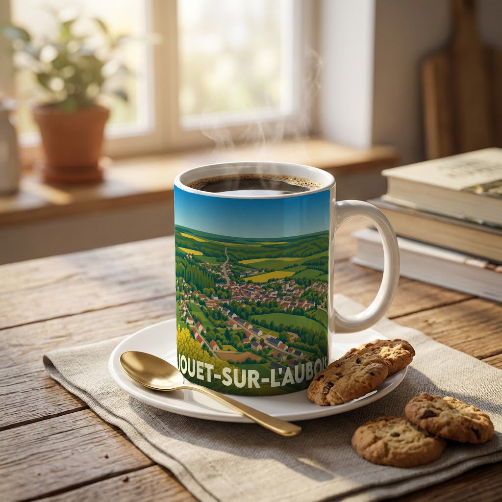 Mug souvenir de la ville de Jouet-sur-l'Aubois avec une illustration stylisée d'un paysage de campagne.