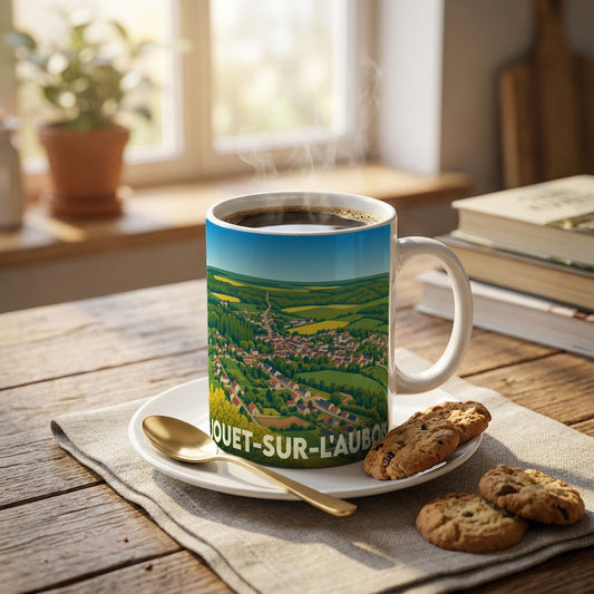 Mug souvenir de la ville de Jouet-sur-l'Aubois avec une illustration stylisée d'un paysage de campagne.