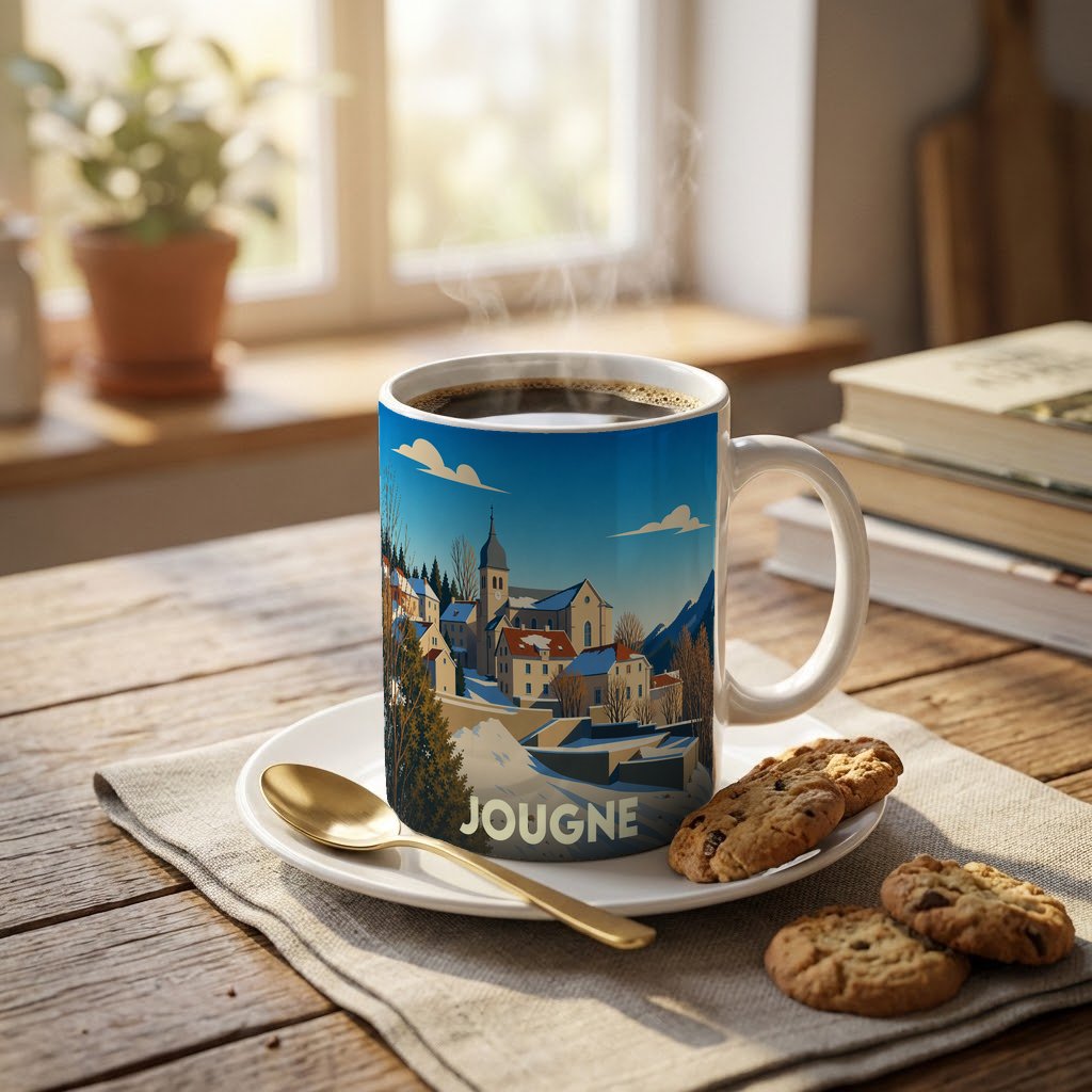 Mug souvenir de la ville de Jougne avec une illustration stylisée d'un paysage urbain enneigé.