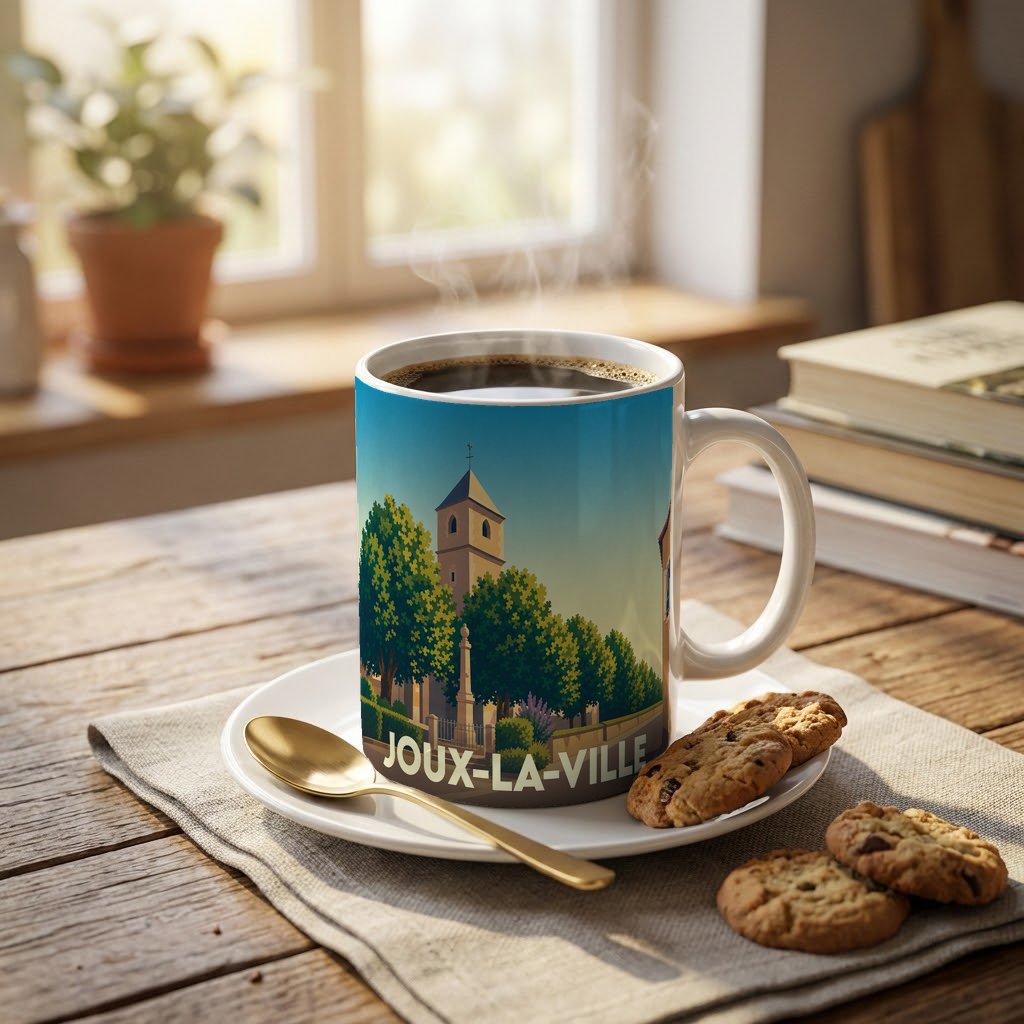 Mug souvenir de la ville de Joux-la-Ville orné d'une illustration stylisée de son église et de sa végétation.
