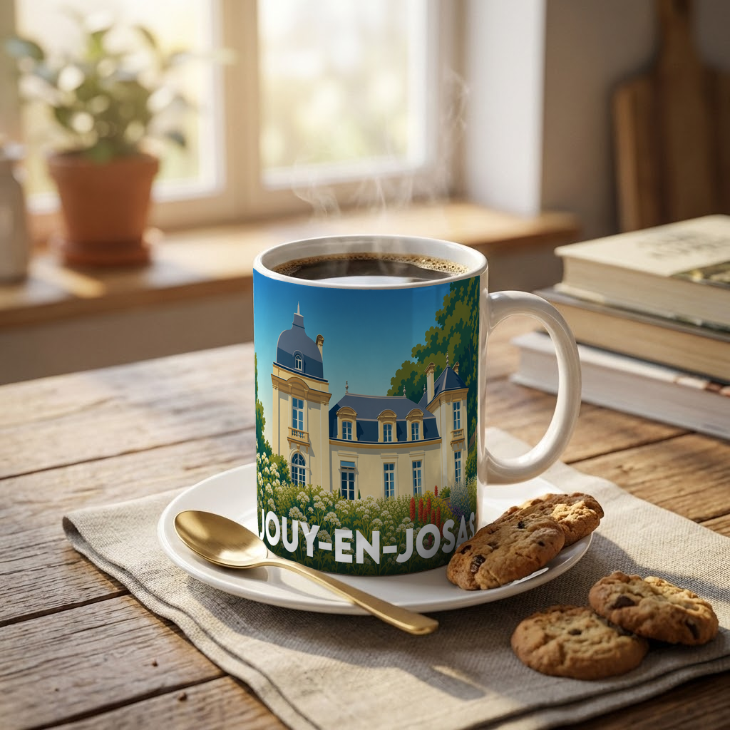 Mug souvenir de la ville de Jouy-en-Josas avec une illustration stylisée d'un château.