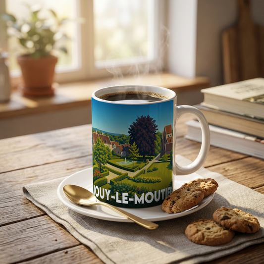 Mug souvenir de la ville de Jouy-le-Moutier avec une illustration stylisée.