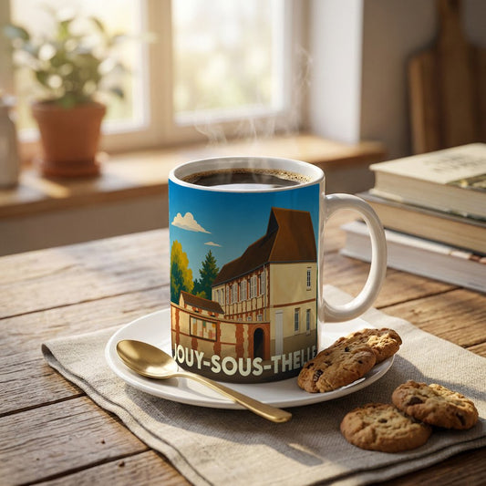 Mug souvenir de la ville de Jouy-sous-Thelle avec une illustration stylisée d'un bâtiment traditionnel.