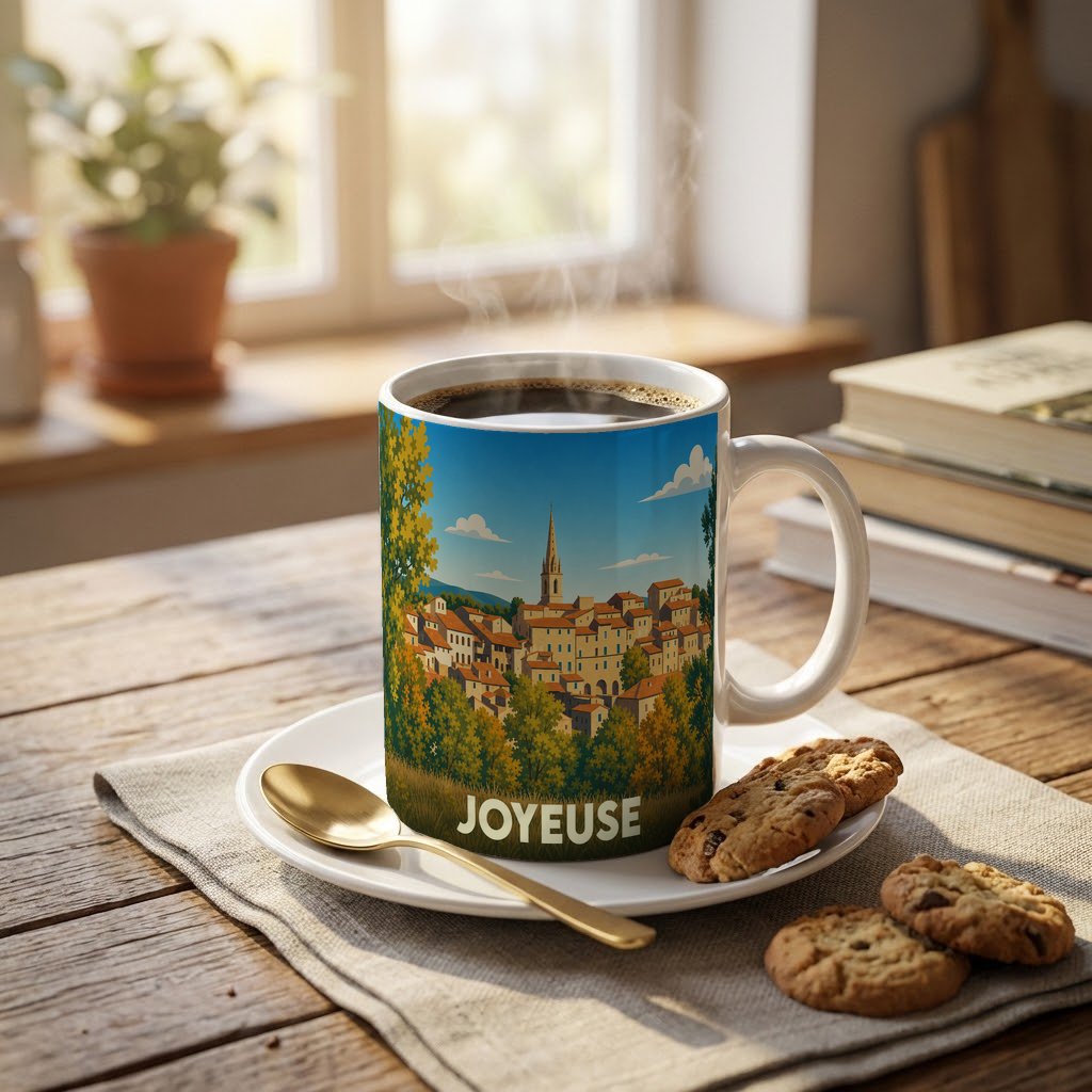 Mug souvenir de la ville de Joyeuse avec une illustration stylisée de son paysage urbain.