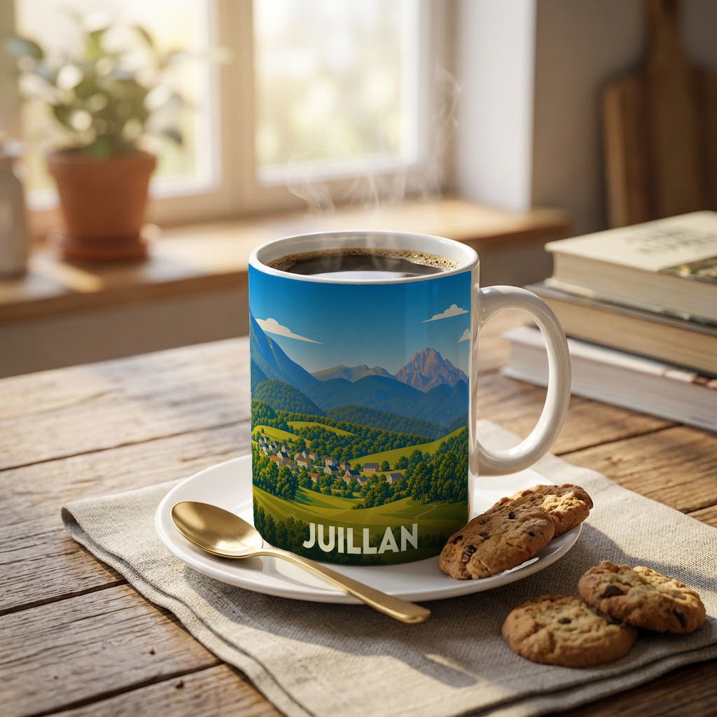 Mug souvenir de la ville de Juillan avec une illustration stylisée de paysages montagneux.