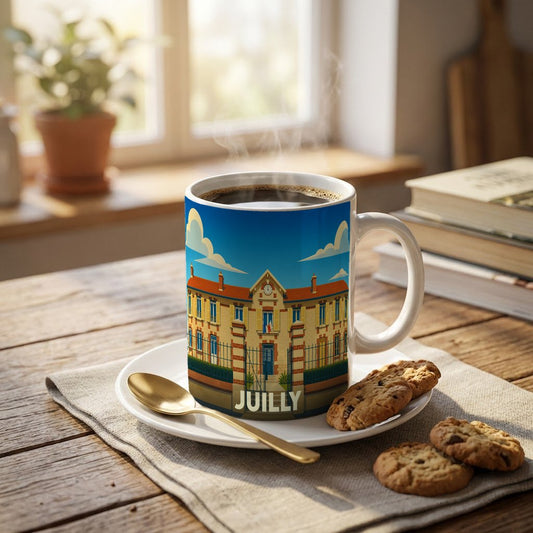 Mug souvenir de la ville de Juilly orné d'une illustration stylisée de sa mairie.